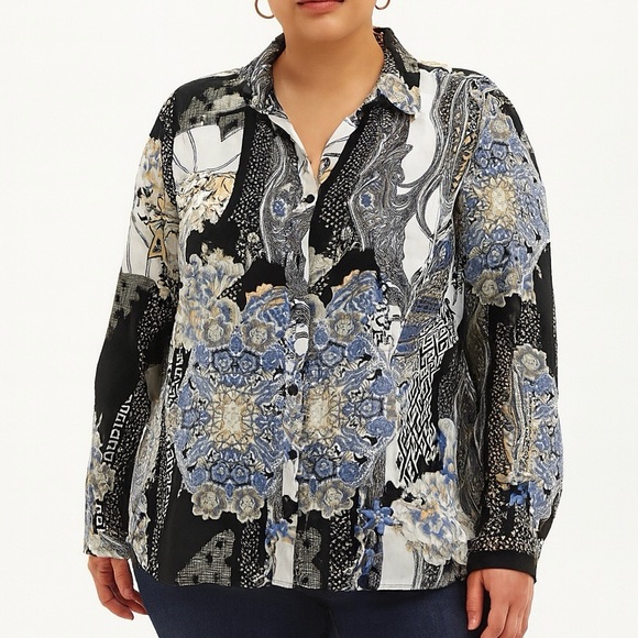 Chico's Tops - Chico's Women's Printed Crinkle Button-Down Blouse Multicolor Size L Career